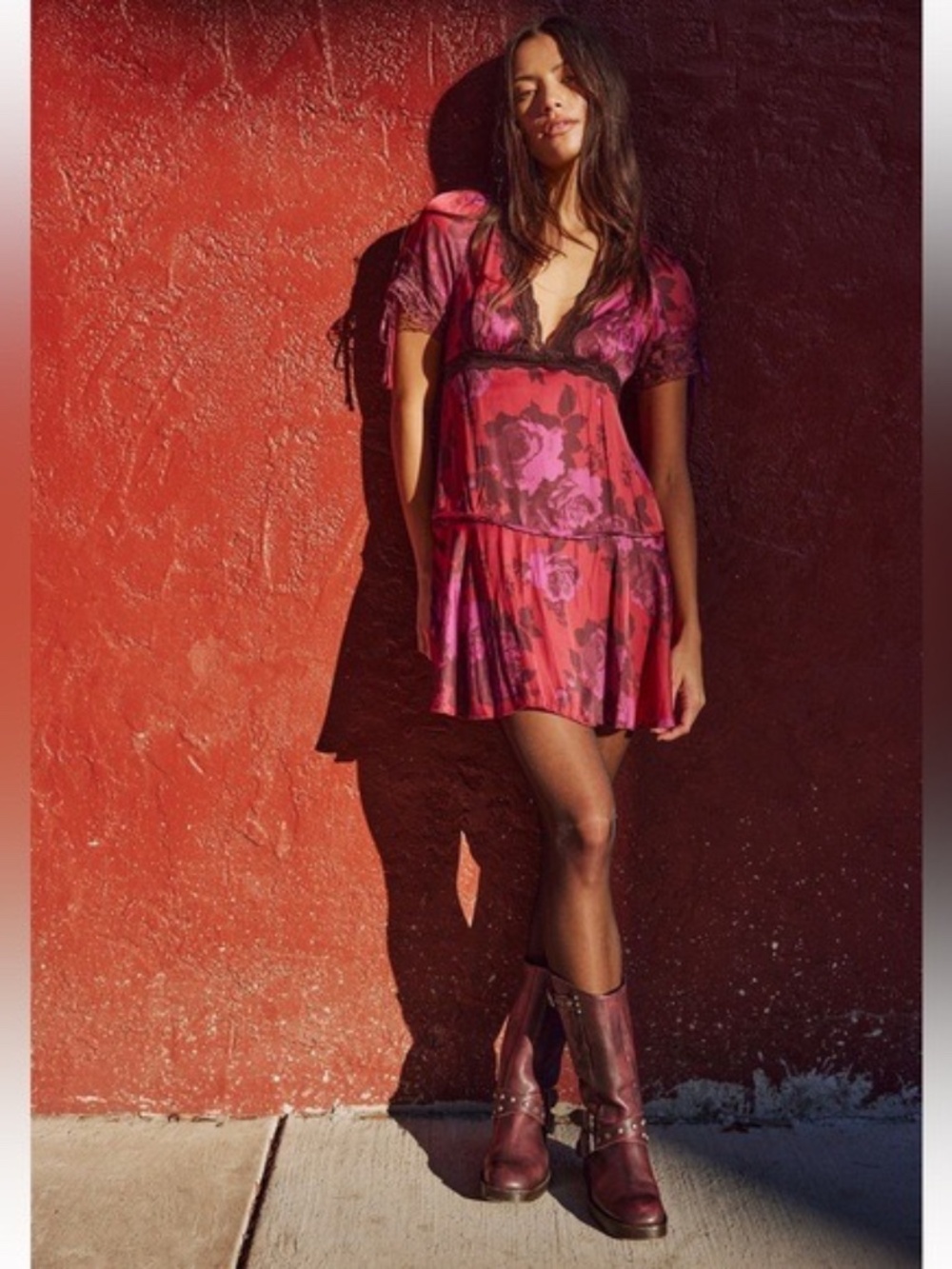 NWOT Free People Jos Floral Mini Dress Berry Combo, Size Medium